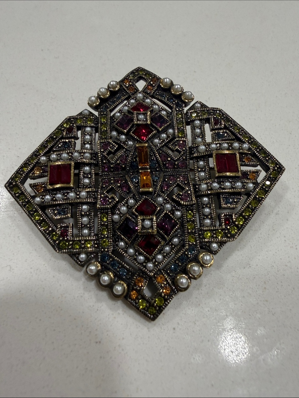 Heidi Daus Vintage Art Deco Multicolor Crystal & Pearl Statement Brooch